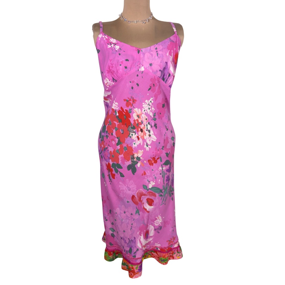 Vtg Jams World XL Floralee Pink Floral Midi  Dress Hawaiian Resort Boho Ruffle